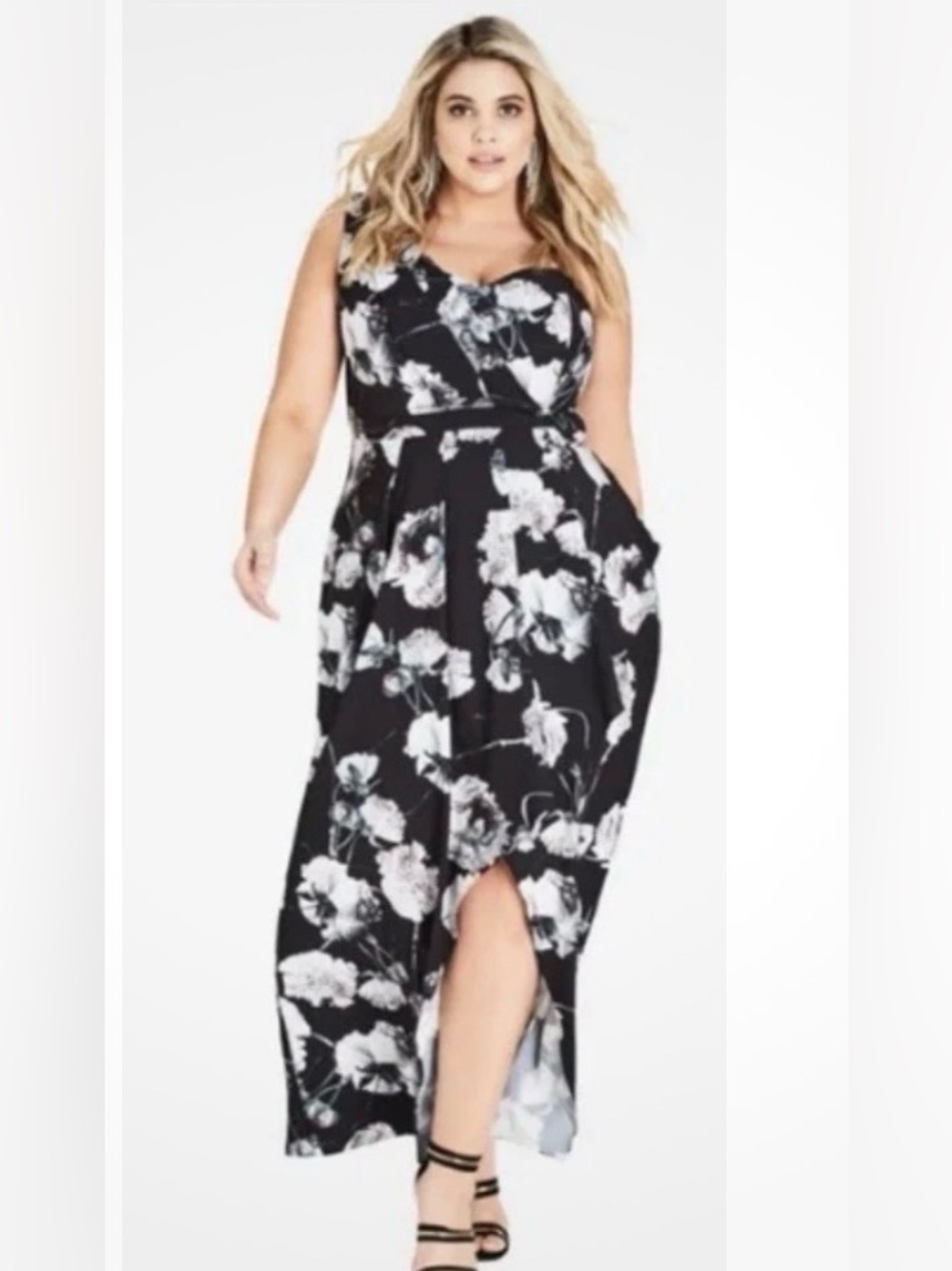 City Chic Black & White Floral Maxi Dress with Front Hem Slit